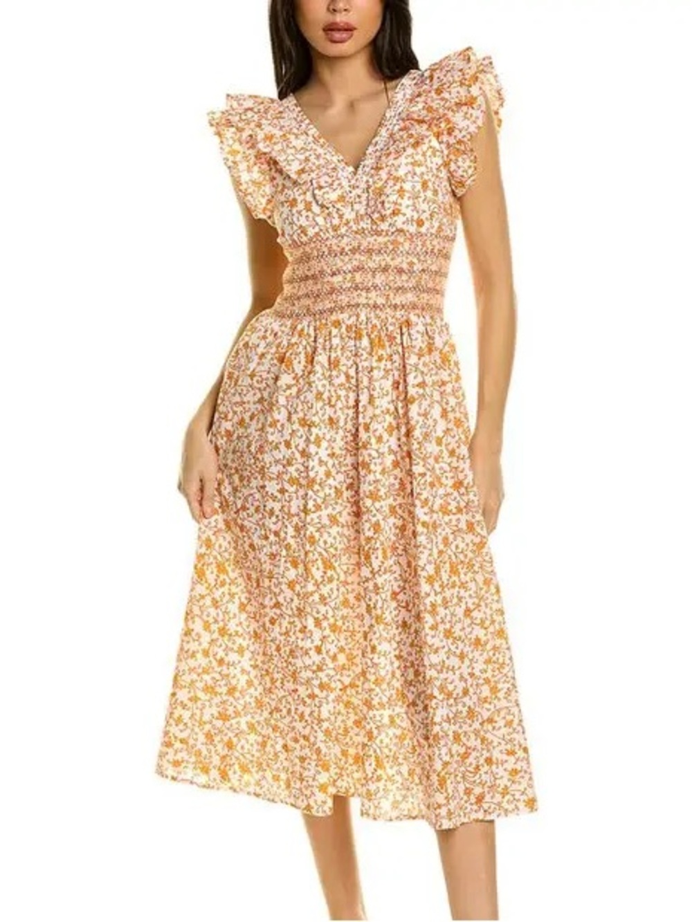 Aqua Scilla smocked floral midi dress